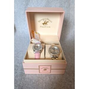 Beverly Hills Polo Club Watch Set Brand New - Pink Leather Band Two Tone Metal